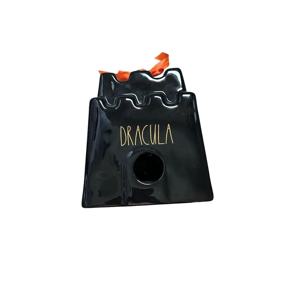 Rae Dunn Dracula Black Ceramic Castle Lantern Halloween Orange Ribbon Decor